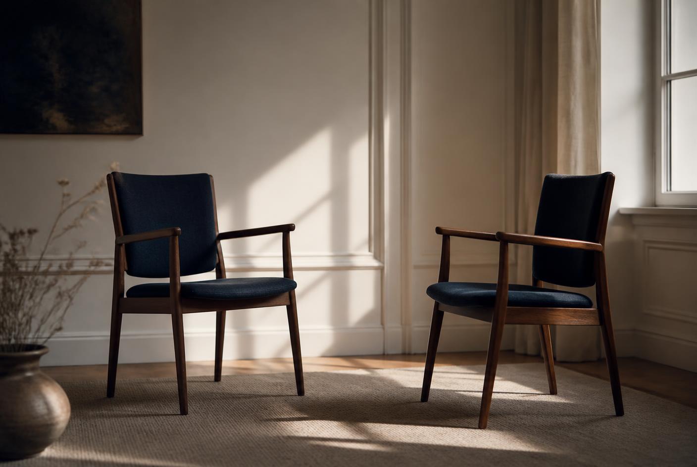 Two empty chairs facing each other in a quiet, sunlit room